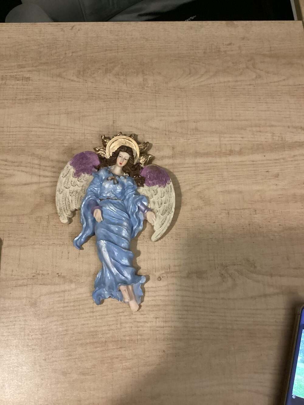 Vintage Wall-Hanging Angel Figurine with Blue Gown and Purple Wings